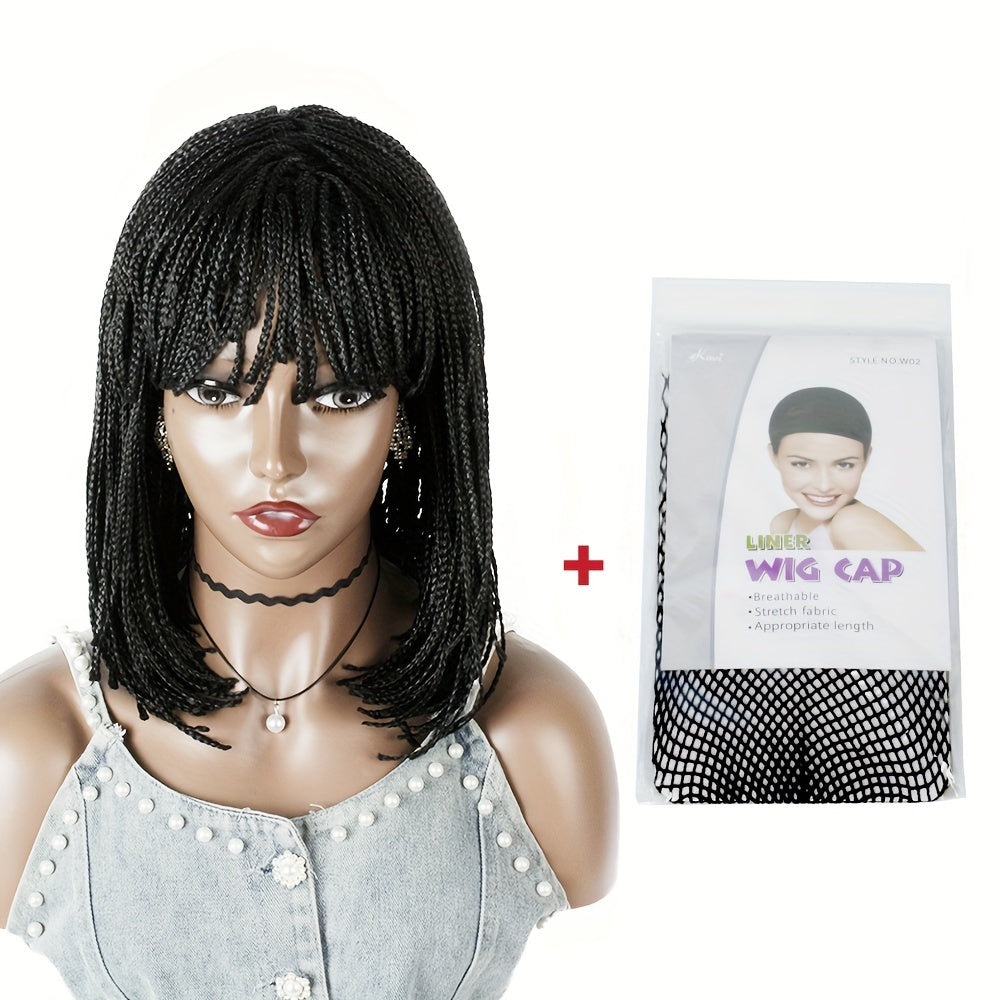 12 Inch Short Box Braid BoBo Wig - Synthetic Hair, Straight Style, Elastic Net Cap, Cornrow Braided Design, Bangs, Basics Style for African Women