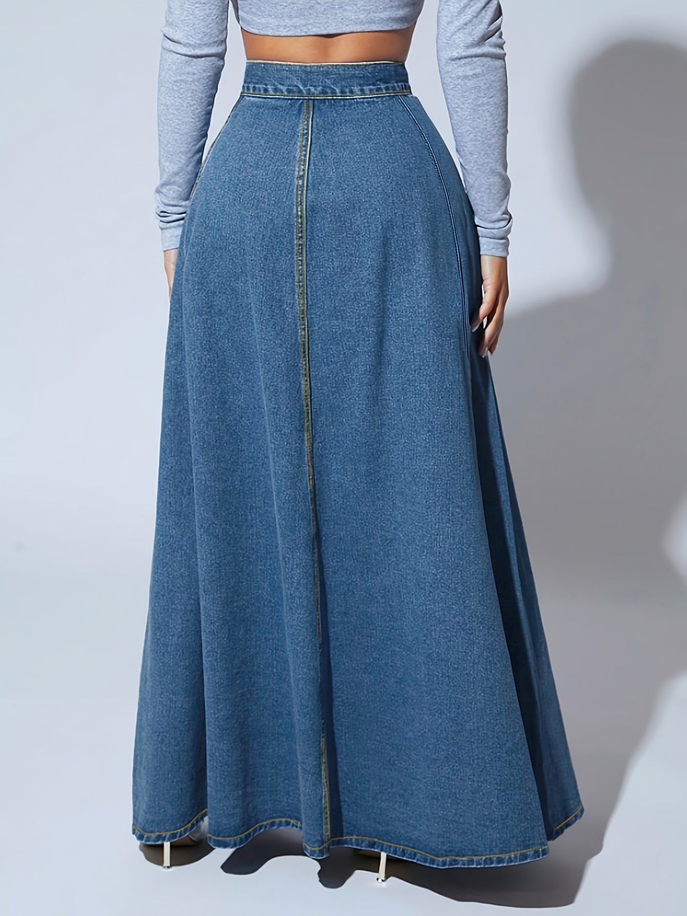 vlovelaw Single-breasted Button Denim Midi Skirt, High Waist A-line Vintage Elegant Denim Skirts, Women's Denim Clothing