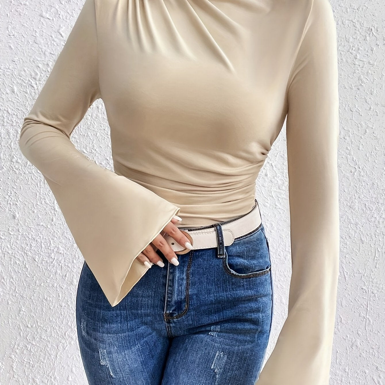 vlovelaw Solid Color Crew Neck T-Shirt, Casual Flare Sleeve T-Shirt For Spring & Fall, Women's Clothing