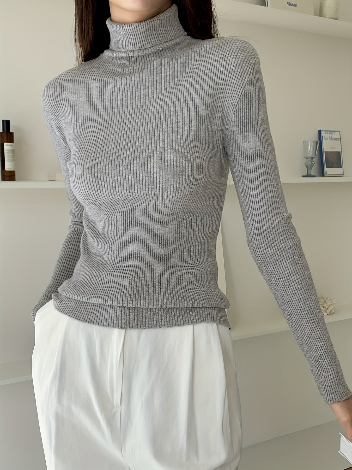 vlovelaw Women's Sweater Turtleneck Solid Ribbed Long Sleeve Slim Pullover Knit Tops