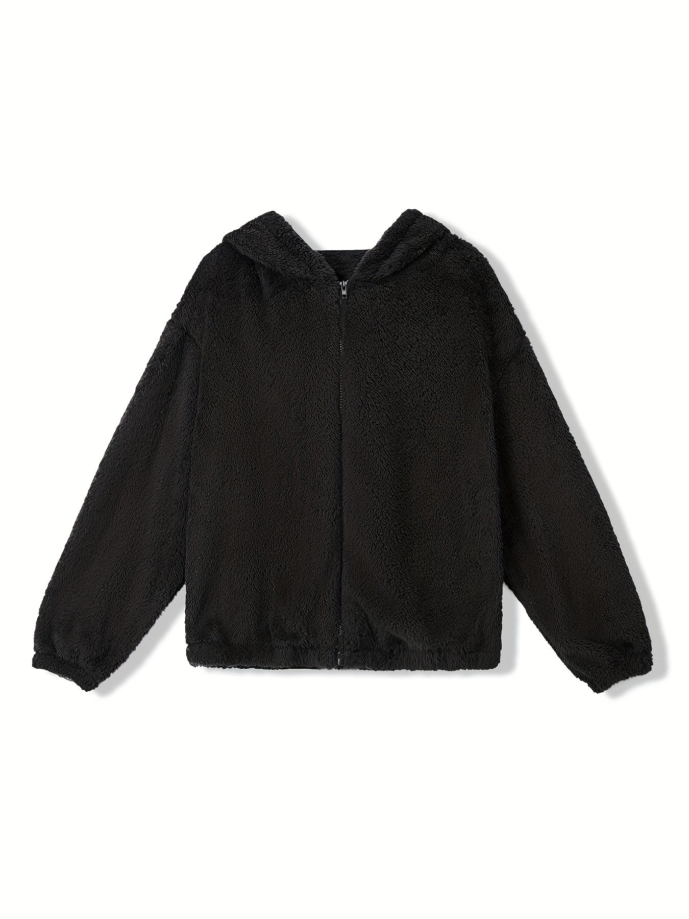 Solid Teddy Hooded Jacket, Casual Zip Up Long Sleeve Outerwear, Women's Clothing