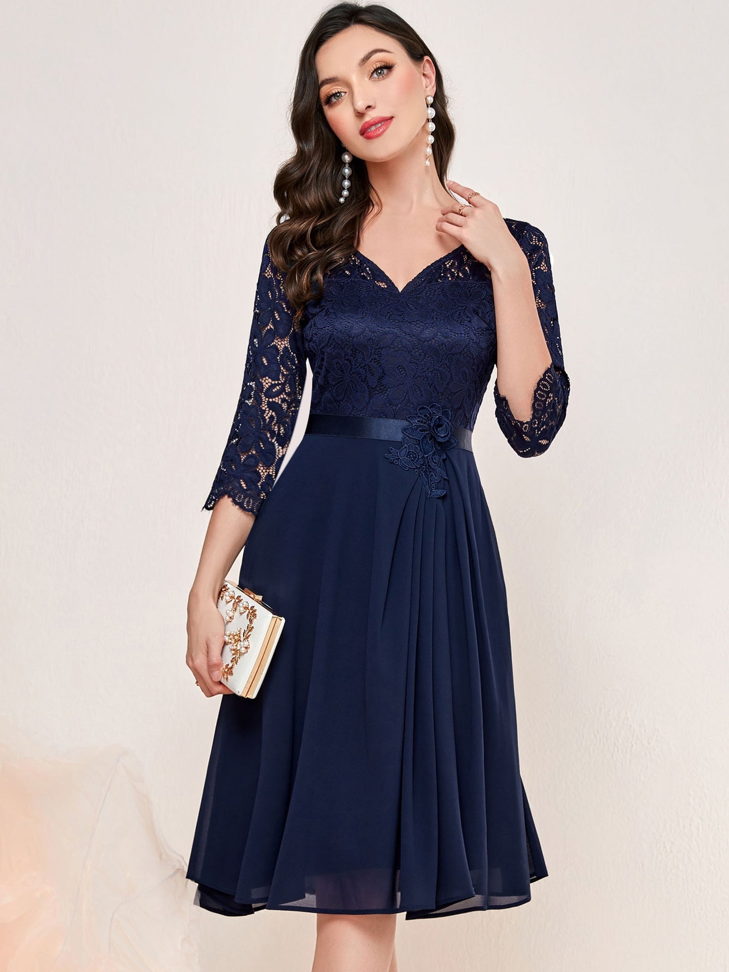 Contrast Lace Half Sleeve Dress, Elegant V Neck Cinched Waist Dress For Party & Banquet, Women's Clothing