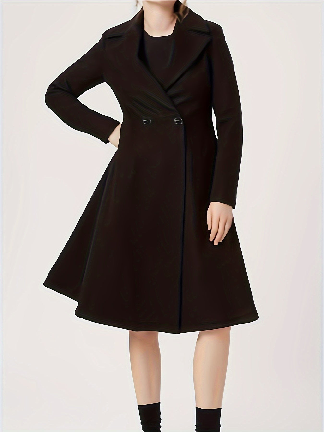 vlovelaw Plus Size Casual Coat, Women's Plus Solid Long Sleeve Double Breast Button Lapel Collar A-line Wool Blend Coat
