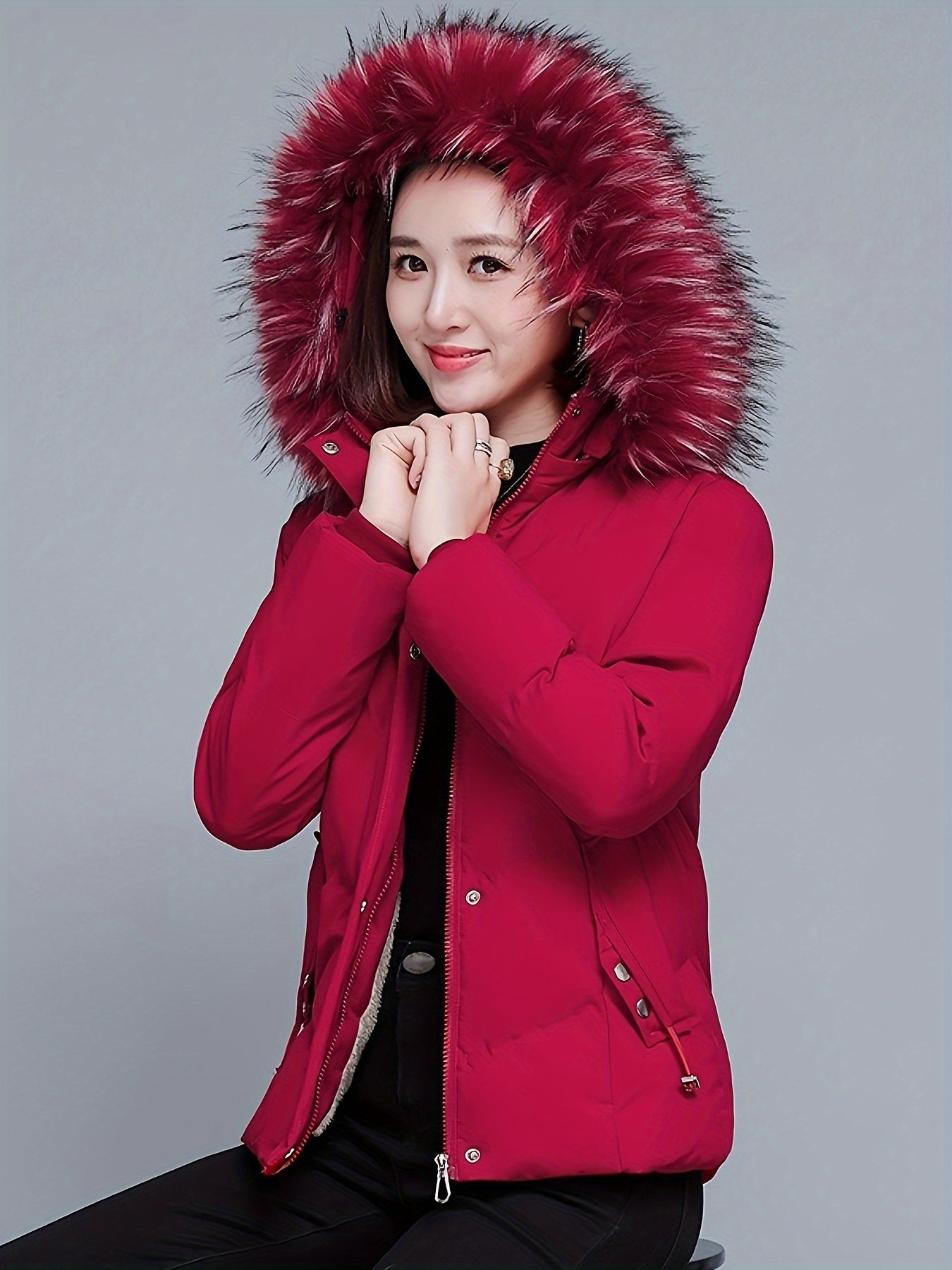 Elegant Women's Winter Coat with Faux Fur Collar - Warm, Thickened Polyester, Zip-Up, Long Sleeve - Chic Solid Color