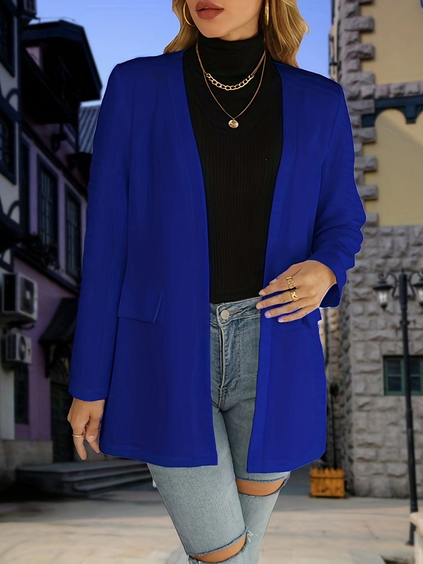 Solid Open Front Blazer, Casual Long Sleeve Work Office Outerwear, Women's Clothing