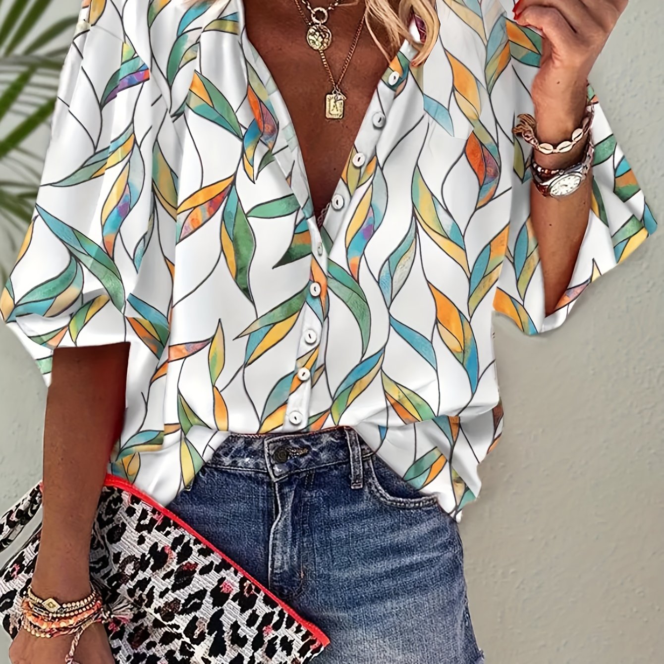 Plus Size Casual T-shirt, Women's Plus Tie Dye Three Quarter Sleeve Button Up Blouse