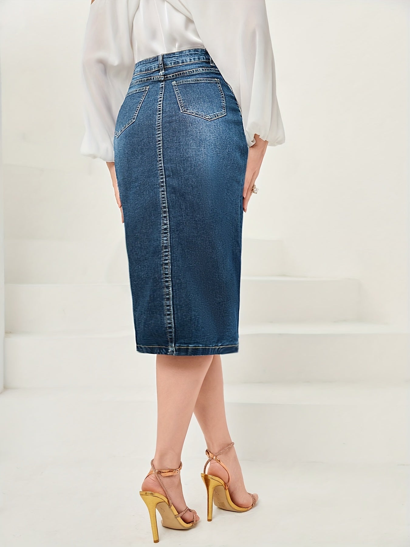 Side Split Vintage Washed Midi Denim Skirt, Zipper Button Closure Solid Color Slash Pocket Denim Skirt, Women's Denim Jeans & Clothing