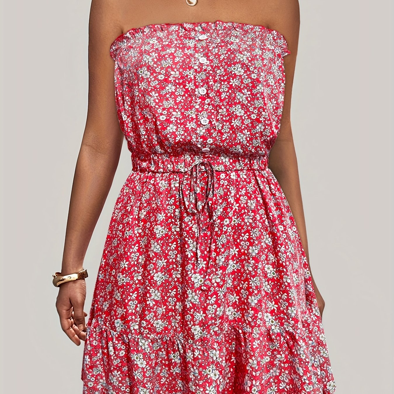 Ditsy Floral Off Shoulder Dress, Sexy Sleeveless Drawstring Summer Dress, Women's Clothing
