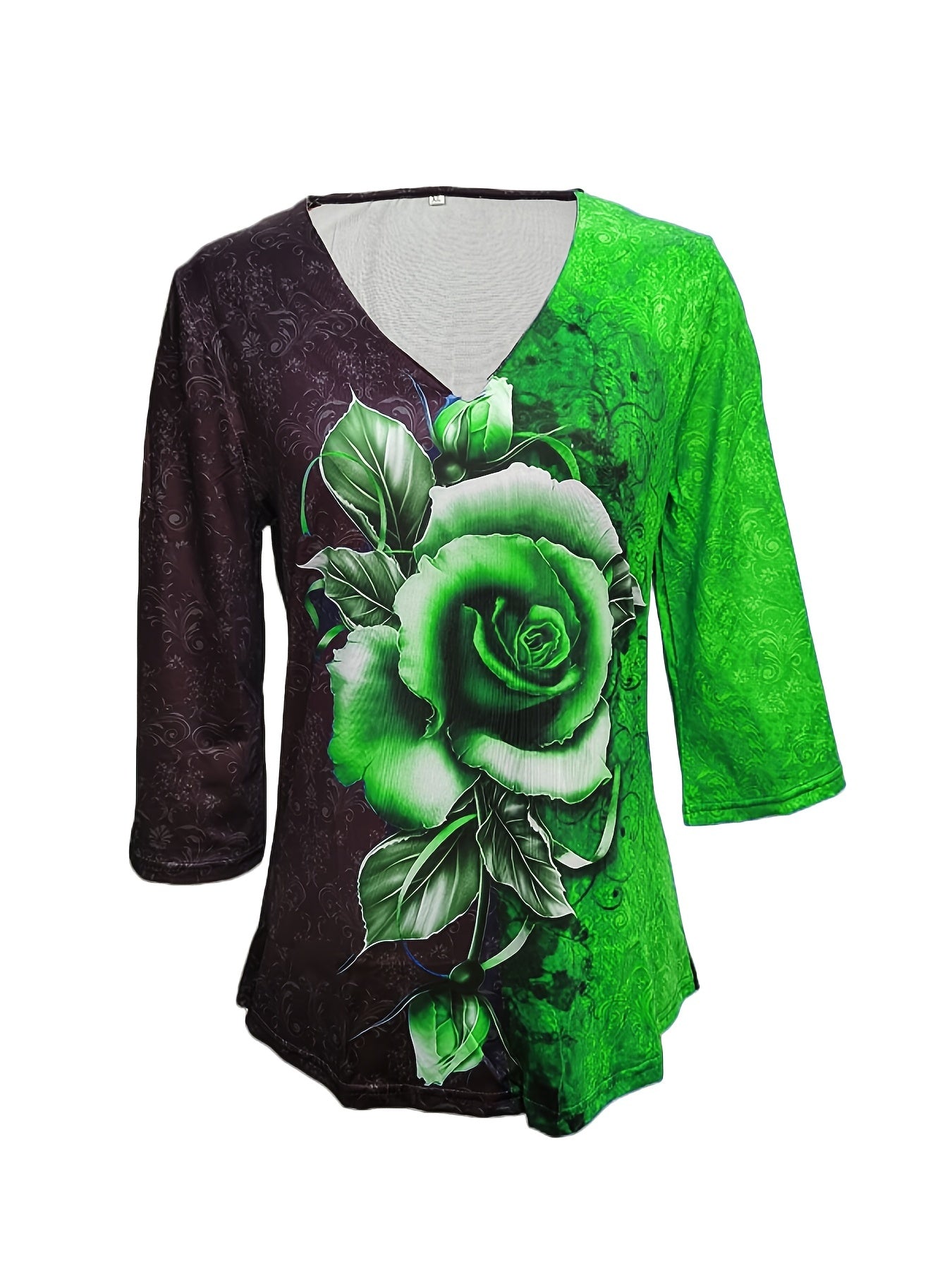 Plus Size Rose Print Bat Sleeve V Neck Top, Women's Plus Medium Stretch Casual T-shirt