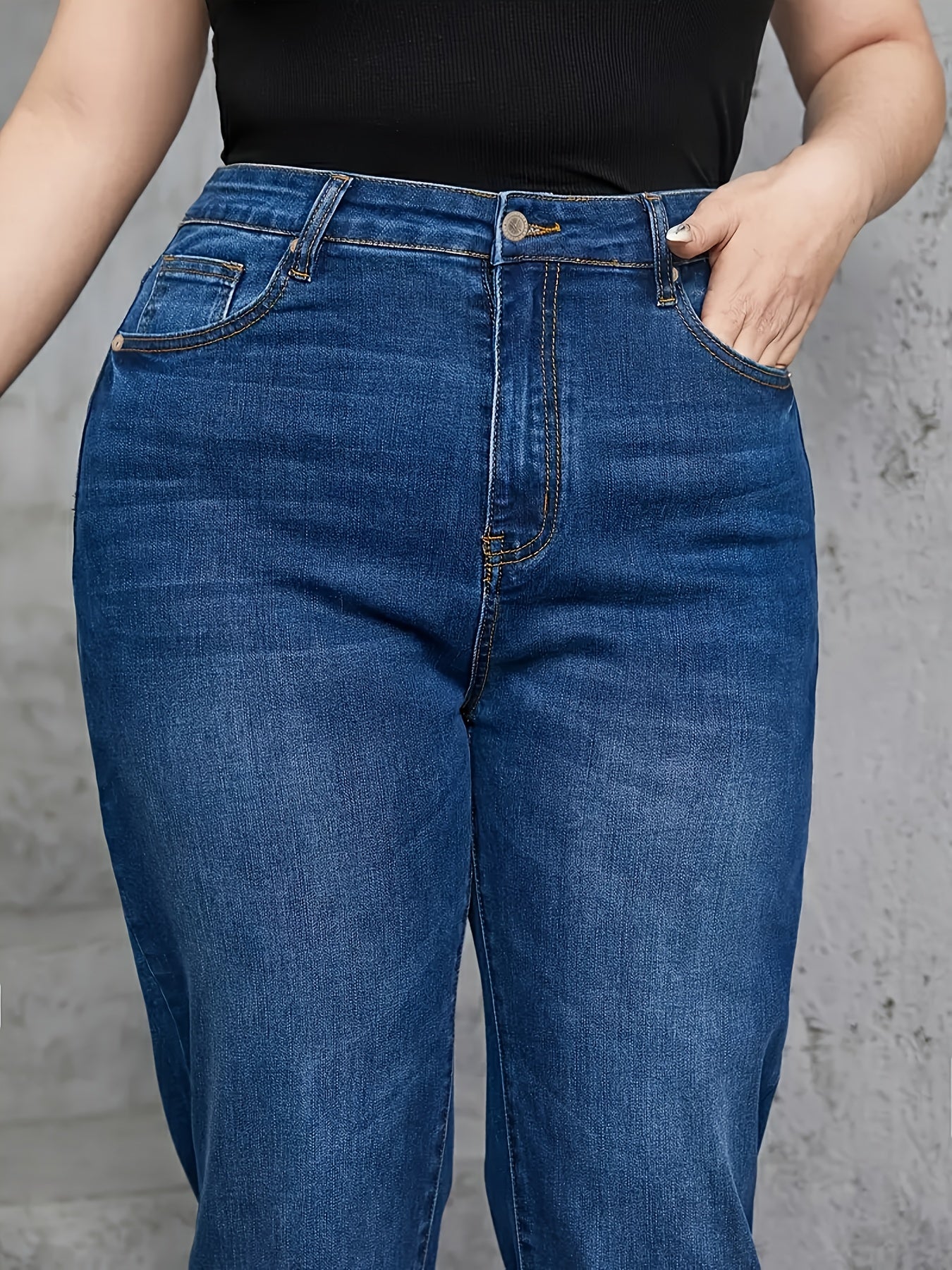 vlovelaw Women's Baic Jeans, Plus Size Plain Washed Blue Slash Pocket High Stretch Slim Fit Denim Pants