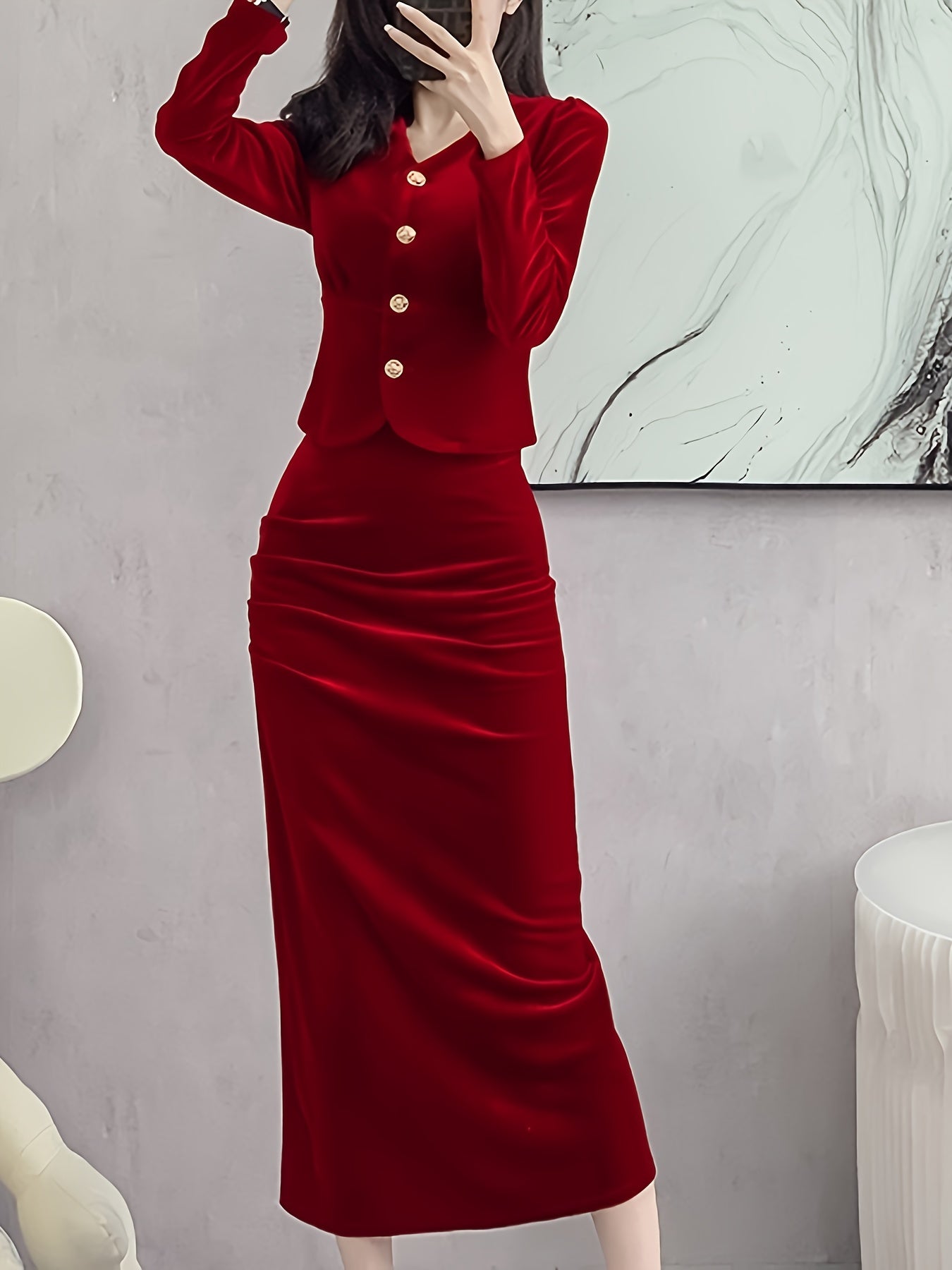 vlovelaw Solid Bodycon Two-piece Set, Button Front Long Sleeve Tops & High Waist Midi Skirts Outfits, Women's Clothing