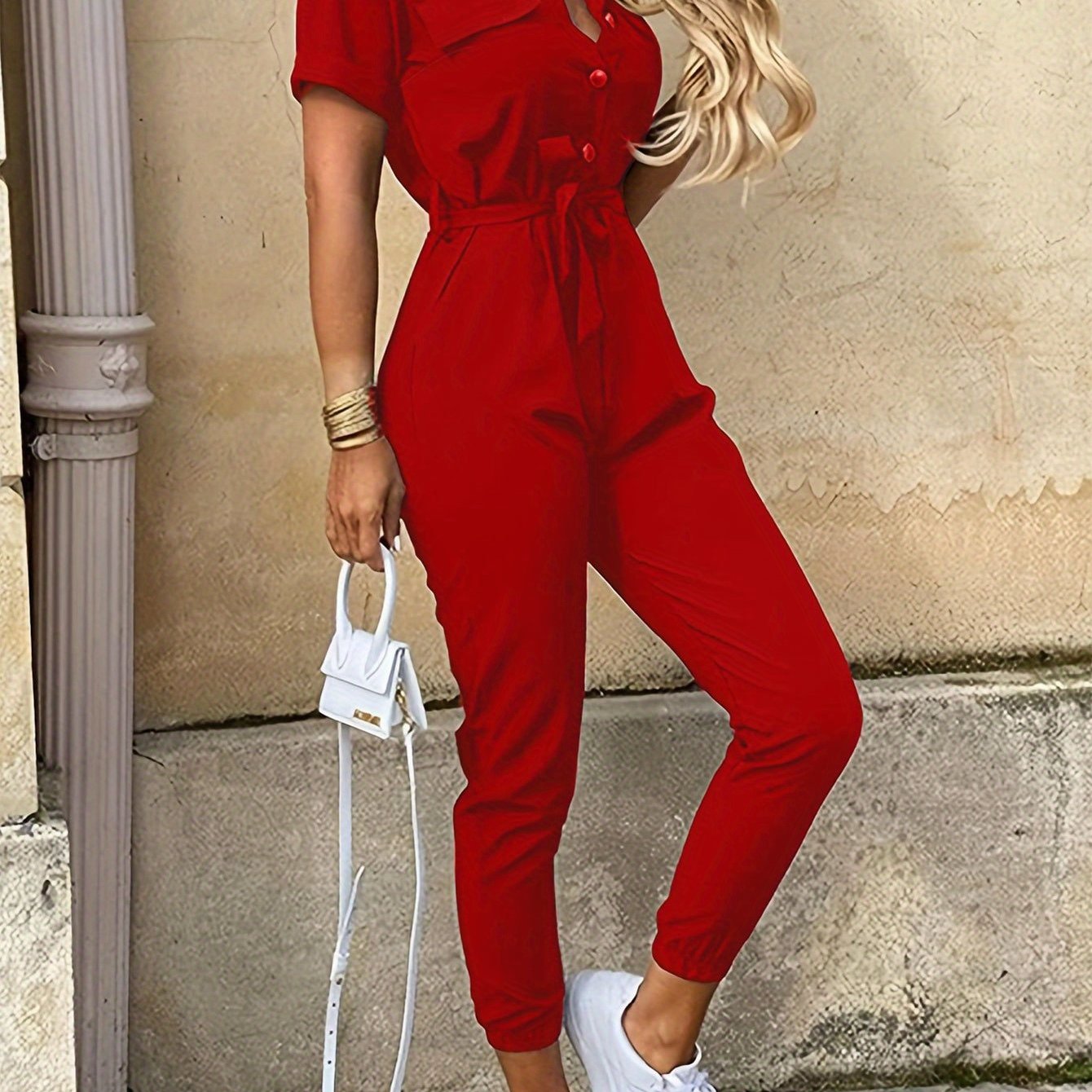vlovelaw Y2K Solid Lapel Button Down Short Sleeve Tie Waist Cargo Jumpsuit, Casual Long Length Pockets Rompers Overalls, Women's Clothing
