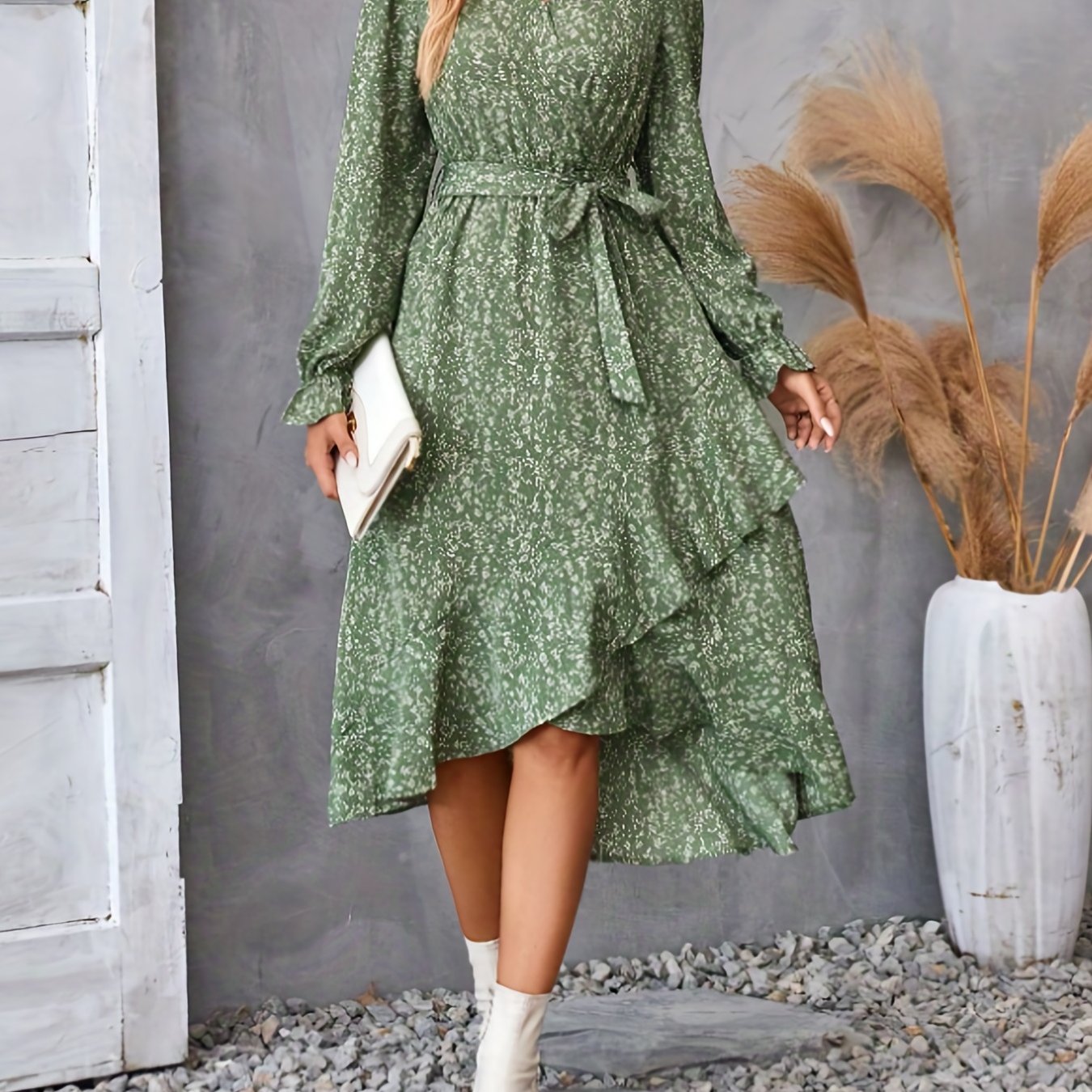 vlovelaw Floral Print Tie Waist V-neck Dress, Elegant Long Sleeve Asymmetrical Hem Dress, Women's Clothing
