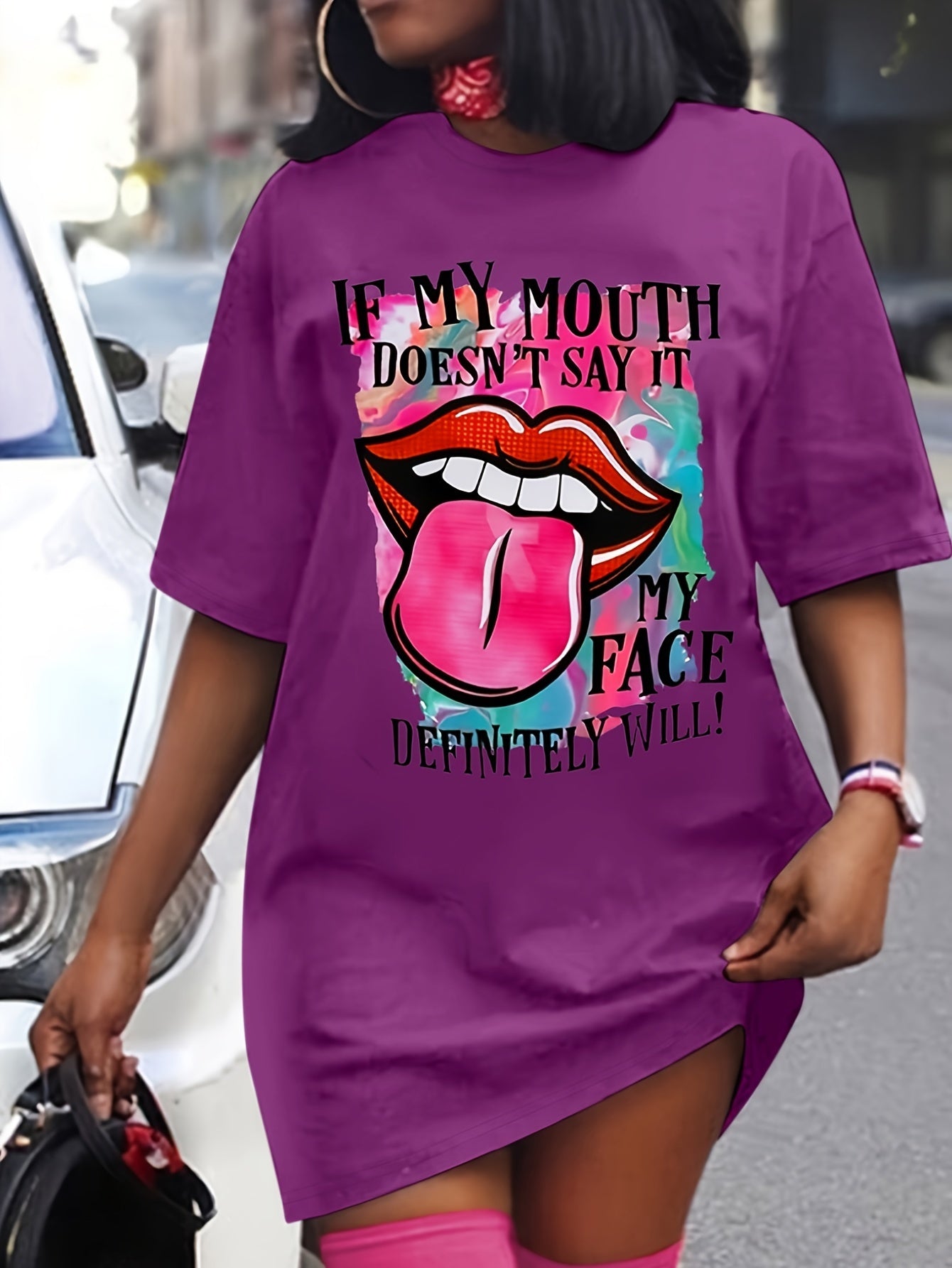 Lips Print Mini Tee Dress, Short Sleeve Crew Neck Casual Dress For Summer & Spring, Women's Clothing
