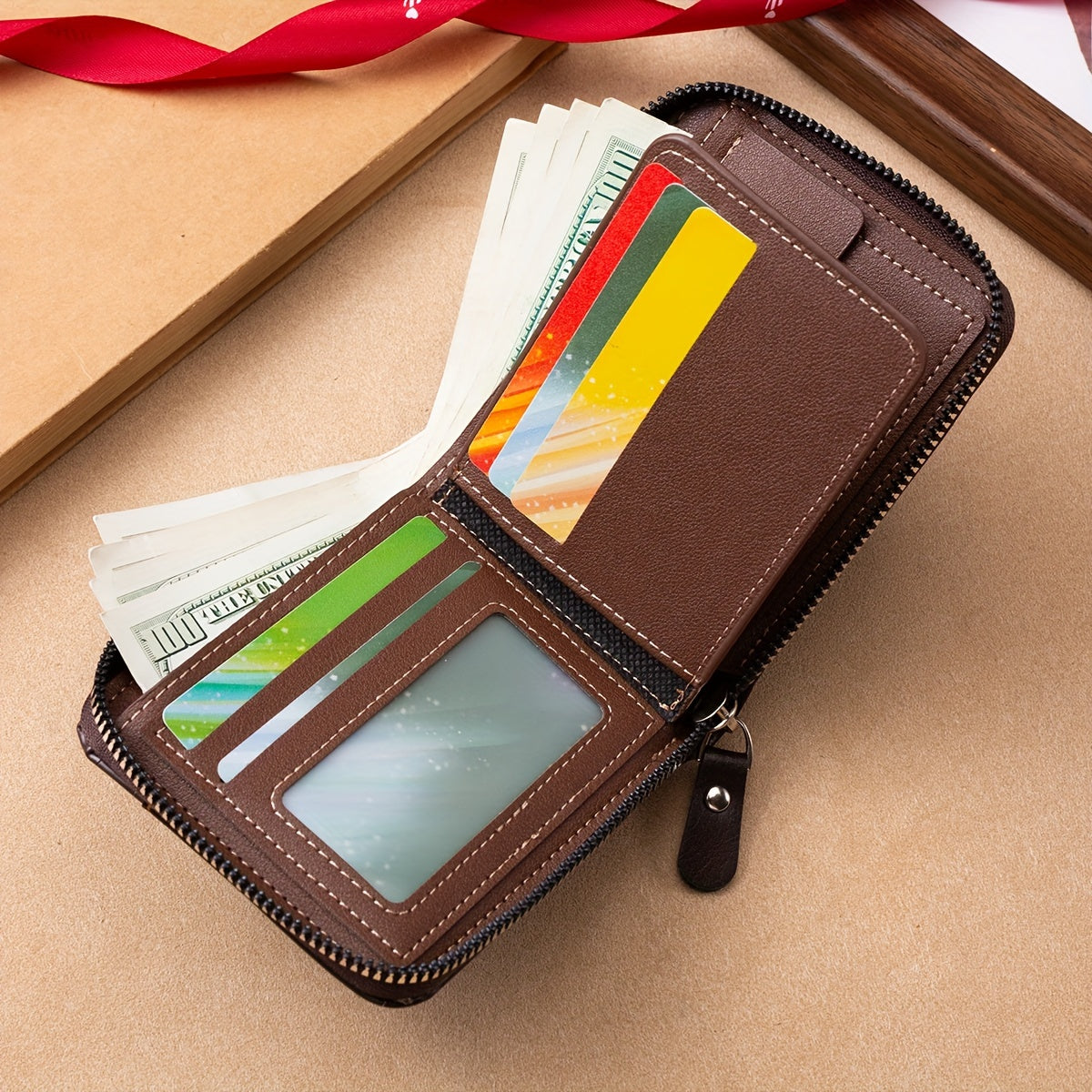 CarrKen Vintage-Inspired Solid Wallet: Secure Zip-Around Coin Holder, Textured Credit Card Organizer