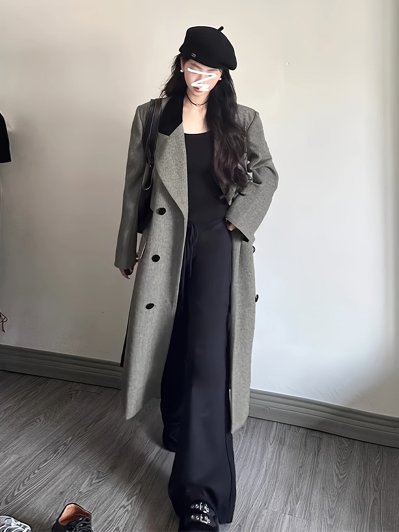 vlovelaw Color Block Double-breasted Coat, Casual Long Sleeve Back Vent Tie Lapel Overcoat For Fall & Winter, Women's Clothing