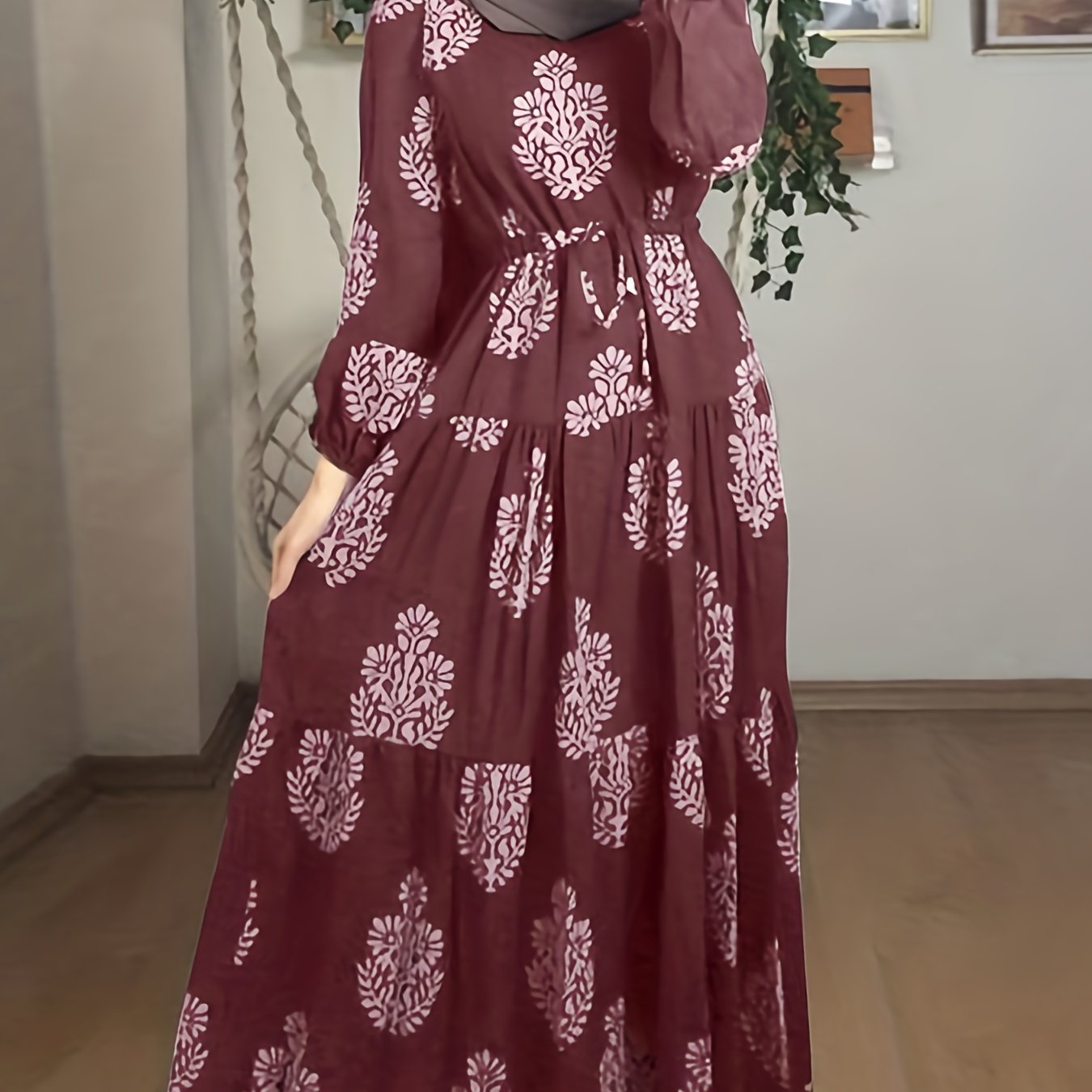 Ethnic Graphic Print Kaftan Dress, Casual Tiered Lantern Sleeve Dress, Women's Clothing