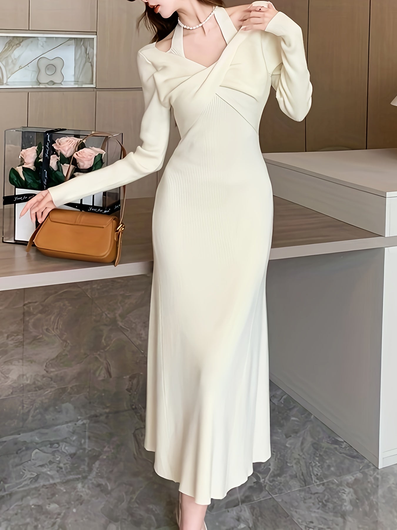 vlovelaw Bodycon Halter Neck Dress, Elegant Long Sleeve Dress For Party & Banquet, Women's Clothing