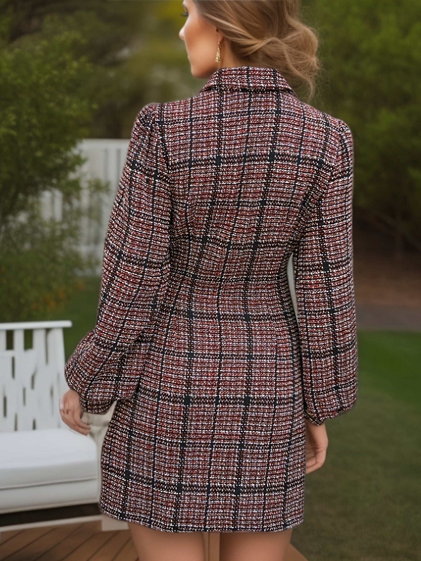 vlovelaw Plaid Button Front Dress, Elegant Long Sleeve Mini Dress, Women's Clothing