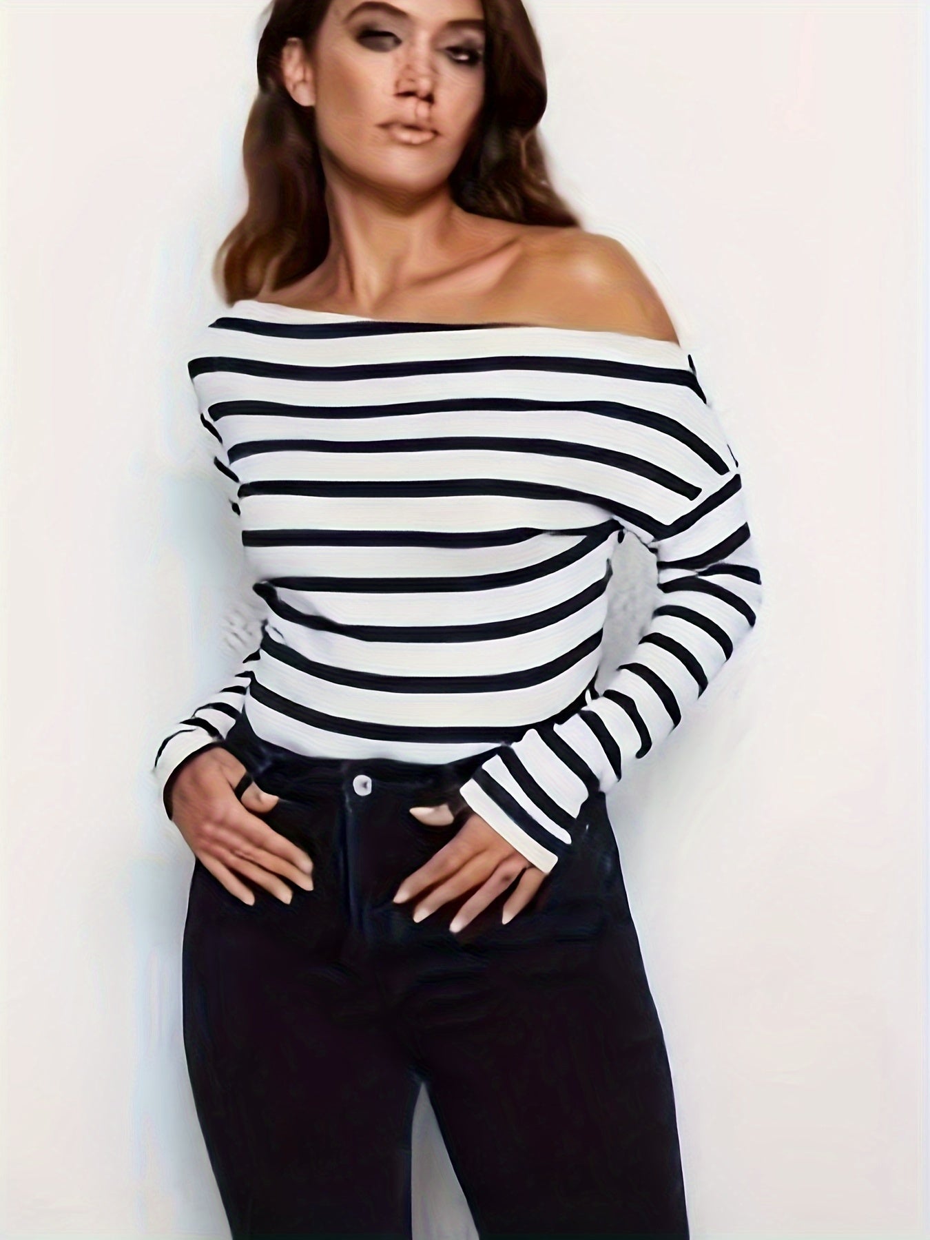 Striped Print One Shoulder T-Shirt, Long Sleeve Top For Spring & Fall, Women's Clothing
