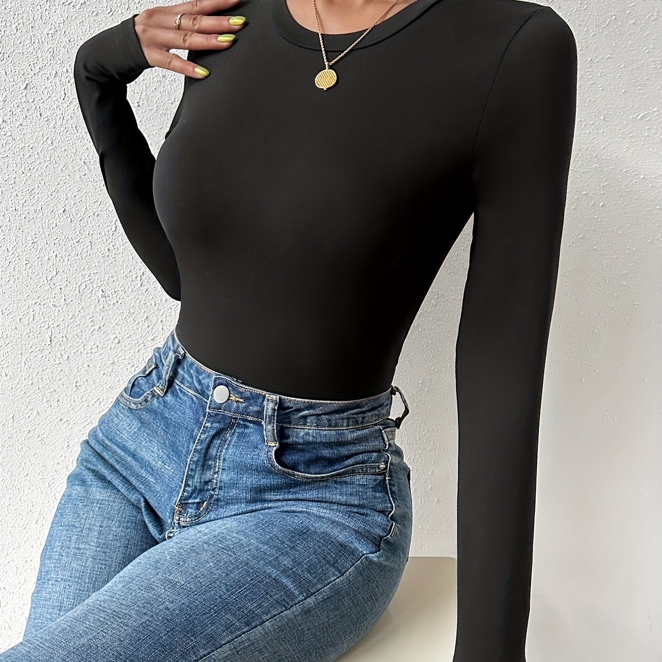 vlovelaw Basic Skinny Stretchy Top, Long Sleeve Crew Neck Solid T-Shirts, Casual Every Day Tops, Women's Clothing