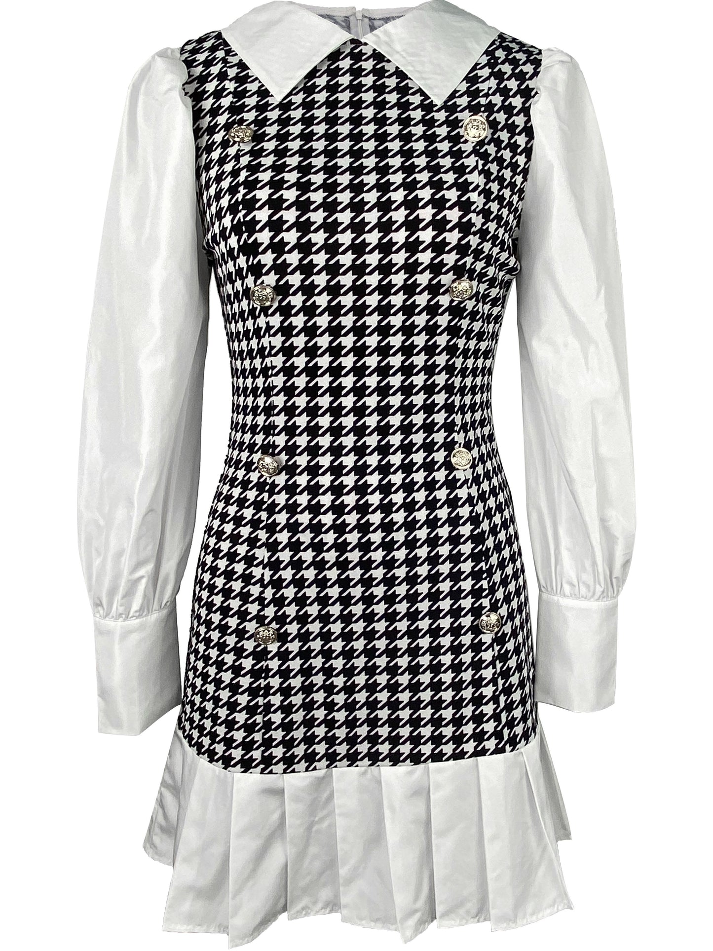 Houndstooth Print 2 In 1 Blouse With Dress, Elegant Long Sleeve Dress For Spring & Fall, Women's Clothing