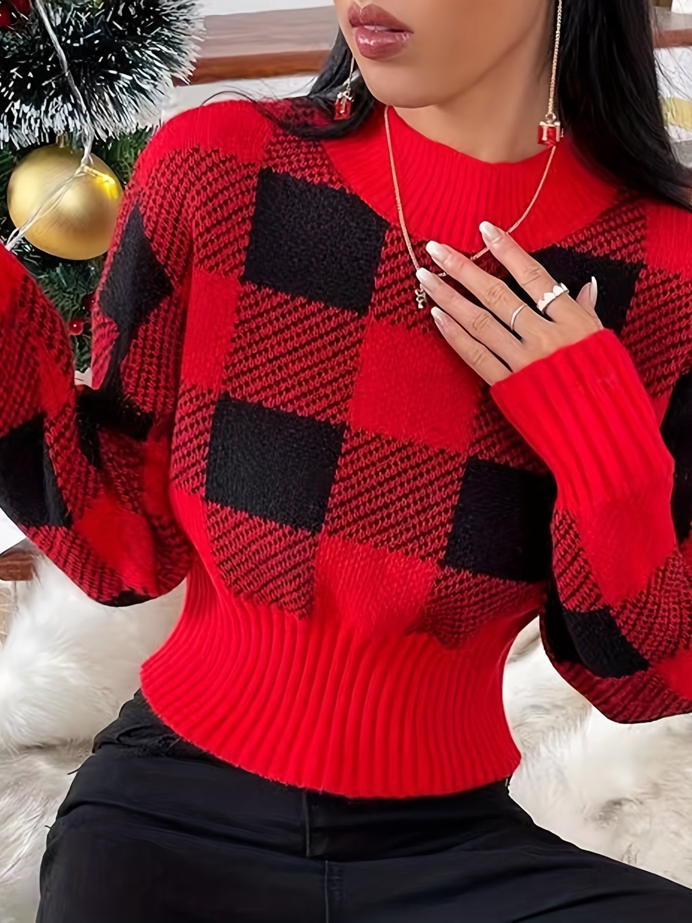 vlovelaw Plaid Crew Neck Pullover Sweater, Casual Long Sleeve Fall Winter Sweater, Women's Clothing