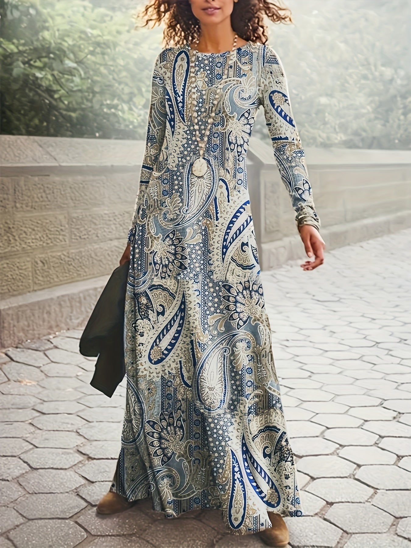 Paisley Print Maxi Dress, Boho Crew Neck Long Sleeve Maxi Dress, Women's Clothing