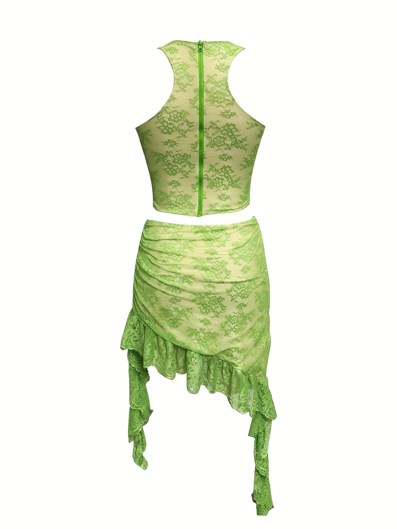 vlovelaw Sexy Floral Print Two-piece Skirt Set, Crop Tank Top & Ruffle Trim Asymmetric Fit Skirt Outfits, Women's Clothing