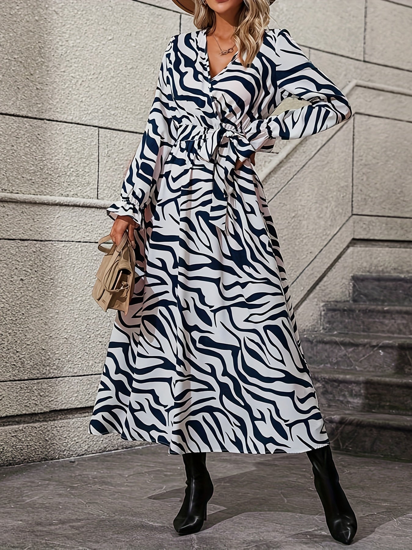 Zebra Stripe Print Lantern Sleeve Dress, Surplice Neck Tie-waist Dress, Women's Clothing