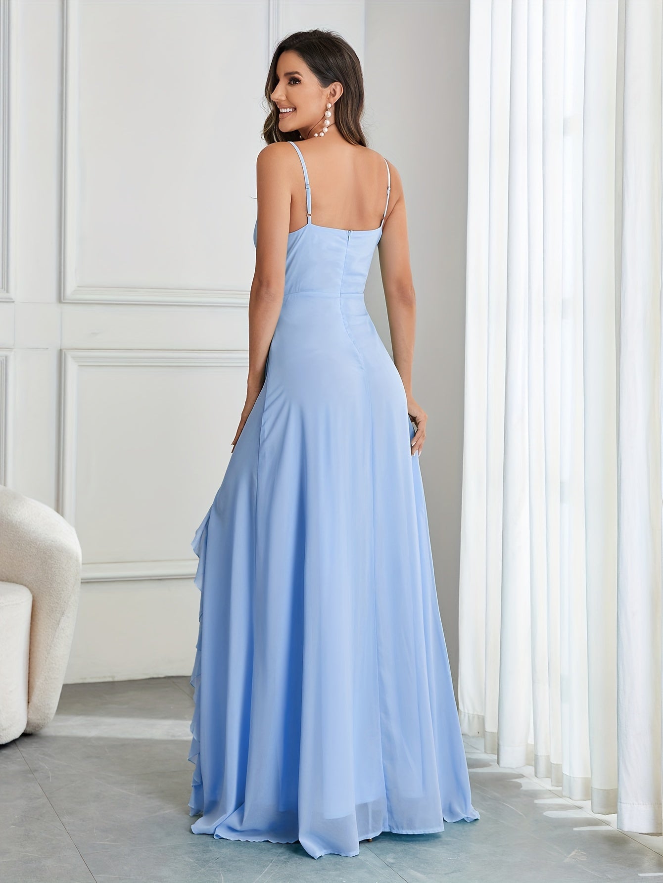 vlovelaw Elegant Skinny Ruffle Trim Dress, Sleeveless Cami Dress For Party & Banquet, Women's Clothing