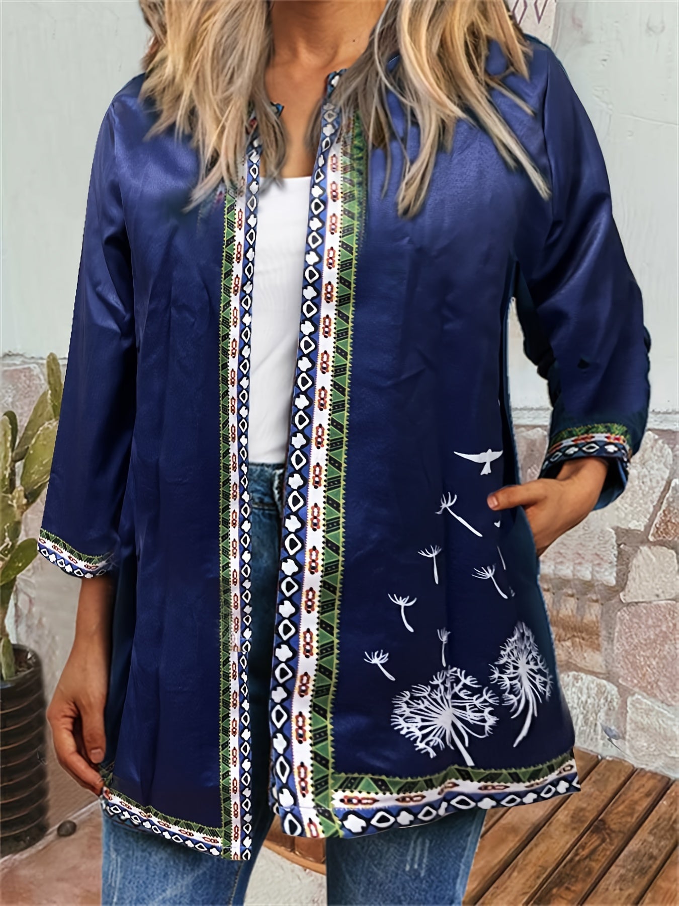 Ethnic Print Open Front Jacket, Vintage Long Sleeve Crew Neck Outerwear, Women's Clothing
