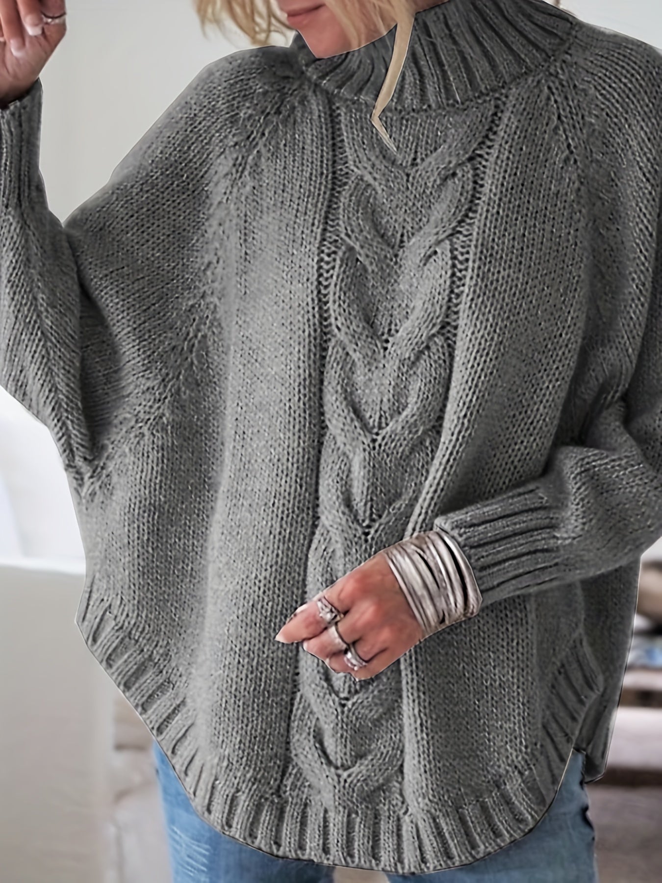 Cable Mock Neck Sweater, Vintage Batwing Sleeve Curved Hem Sweater, Women's Clothing