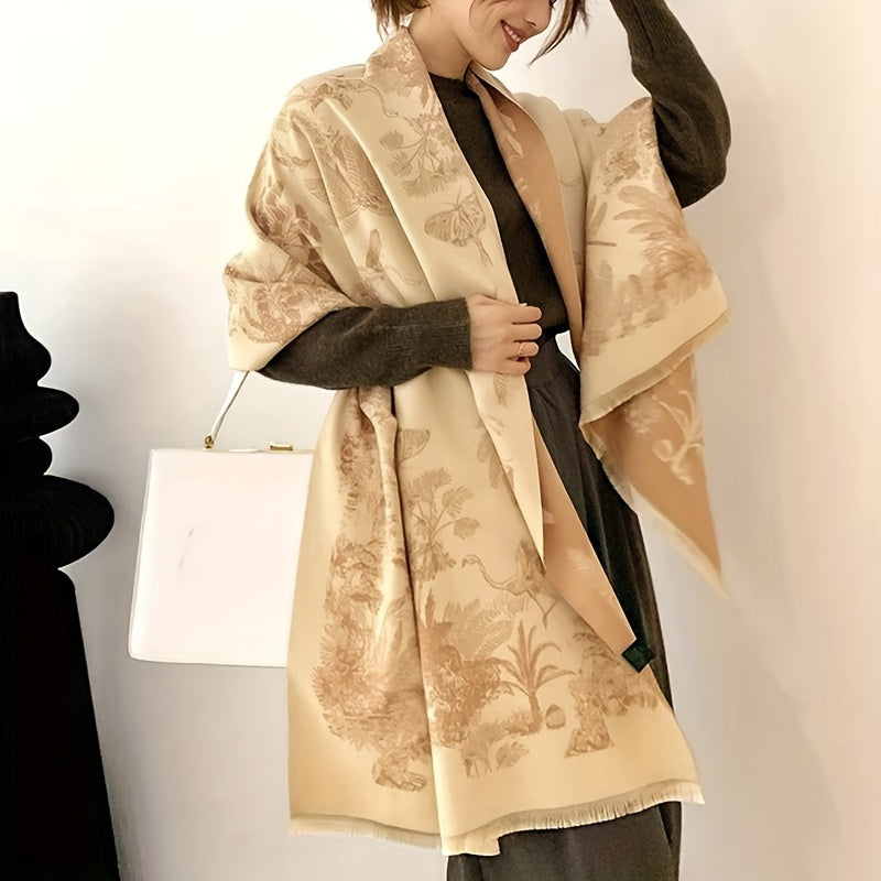 vlovelaw Vintage Plant Flower Jacquard Scarf Imitation Cashmere Elegant Soft Warm Cozy Fringe Shawl Autumn Winter Coldproof Windproof Blanket Scarf