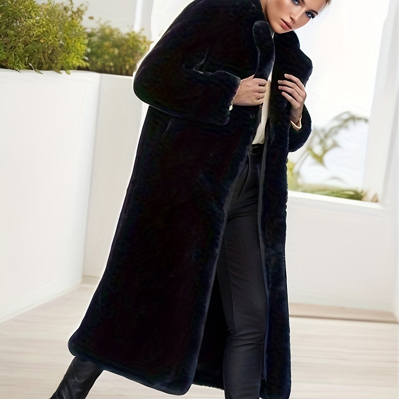 vlovelaw Open Front Fuzzy Coat, Casual Thermal Long Sleeve Midi Length Coat For Winter, Women's Clothing