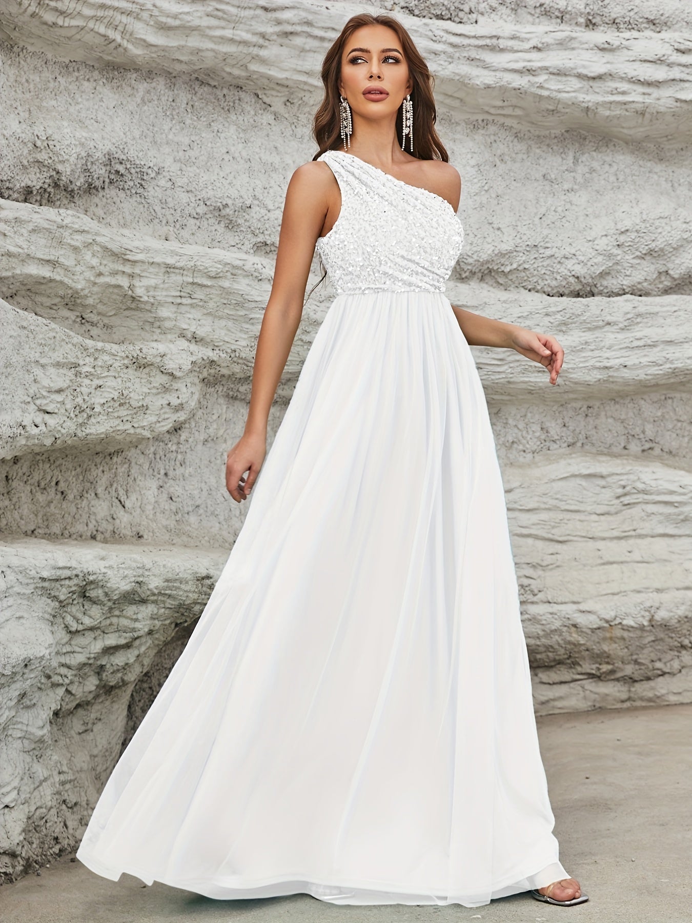 vlovelaw One Shoulder Sequin Dress, Elegant Sleeveless Dress For Party & Banquet, Women's Clothing