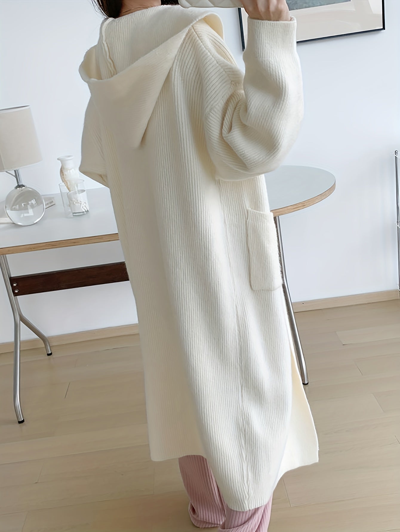 vlovelaw Solid Open Front Hooded Knit Cardigan, Casua Long Sleeve Mid Length Pocket Sweater Coat, Women's Clothing