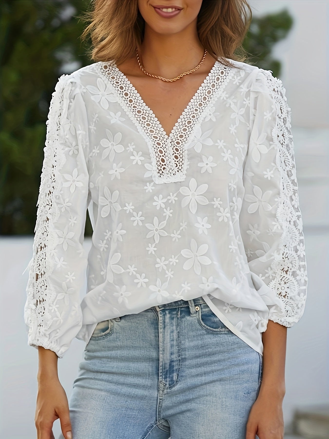 vlovelaw Contrast Lace Jacquard Blouse, Casual V Neck Bracelet Sleeve Blouse For Spring & Fall, Women's Clothing