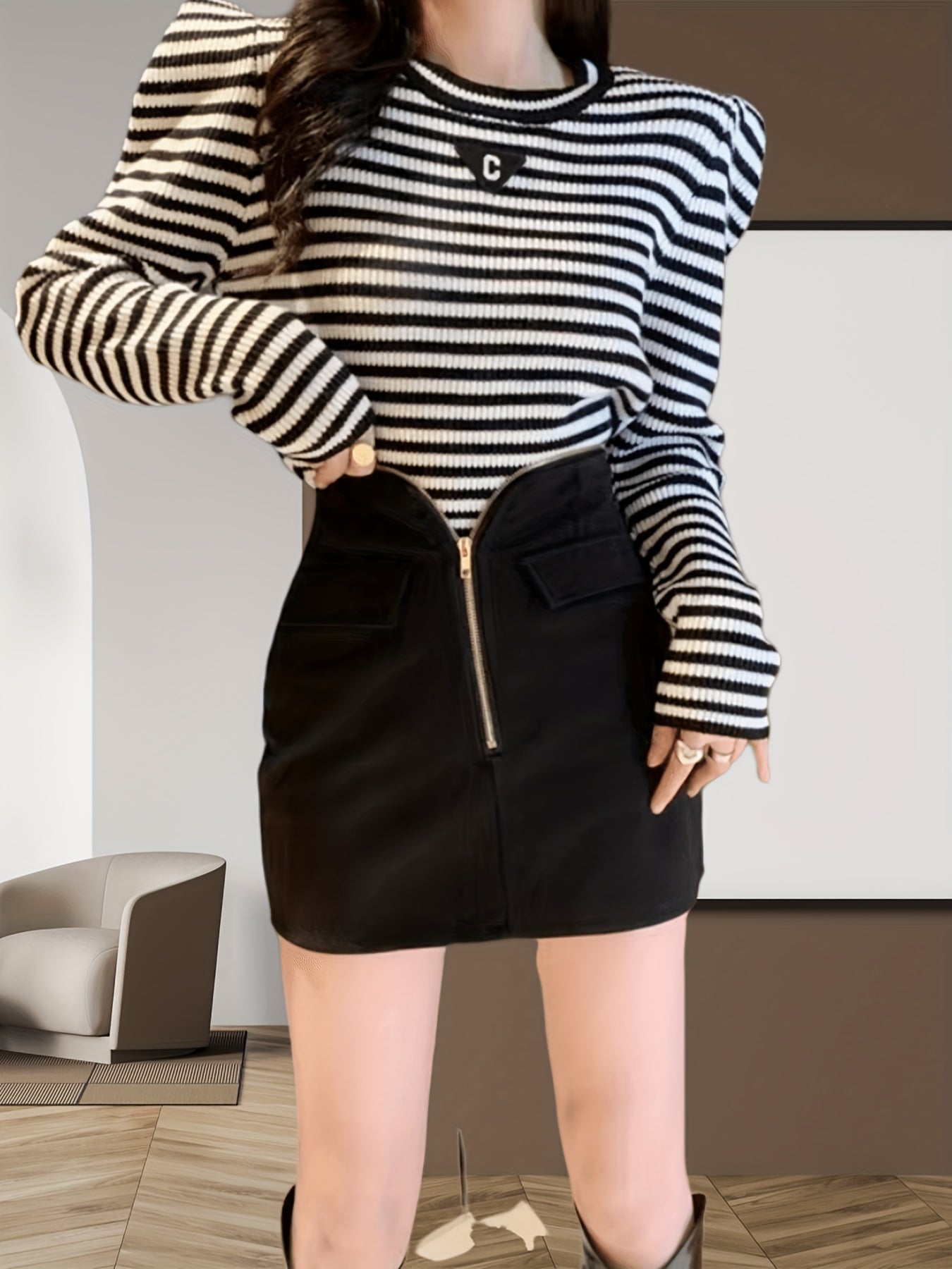 vlovelaw Striped Crew Neck Knitted Top, Elegant Puff Sleeve Crop Stylish Sweater, Women's Clothing