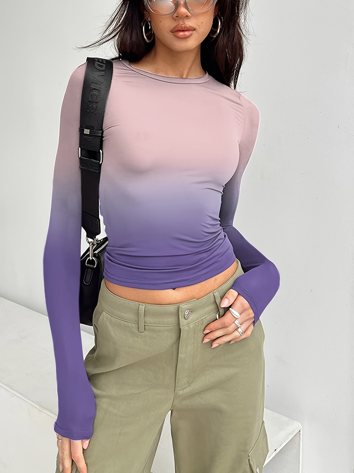 Ombre Crew Neck Slim T-shirt, Y2K Long Sleeve Top For Spring & Fall, Women's Clothing