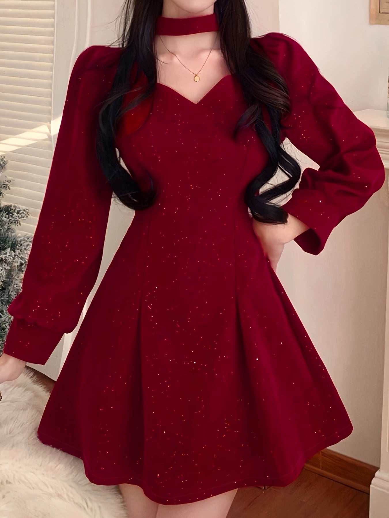 vlovelaw Bow Decor Cut Out Dress, Chic Long Sleeve A-line Dress, Women's Clothing
