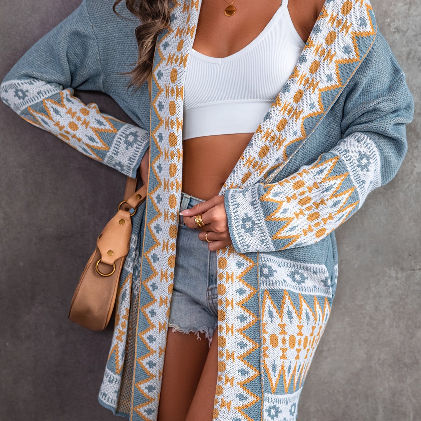 Aztec Print Knit Cardigan, Vintage Open Front Long Sleeve Sweater, Women's Clothing