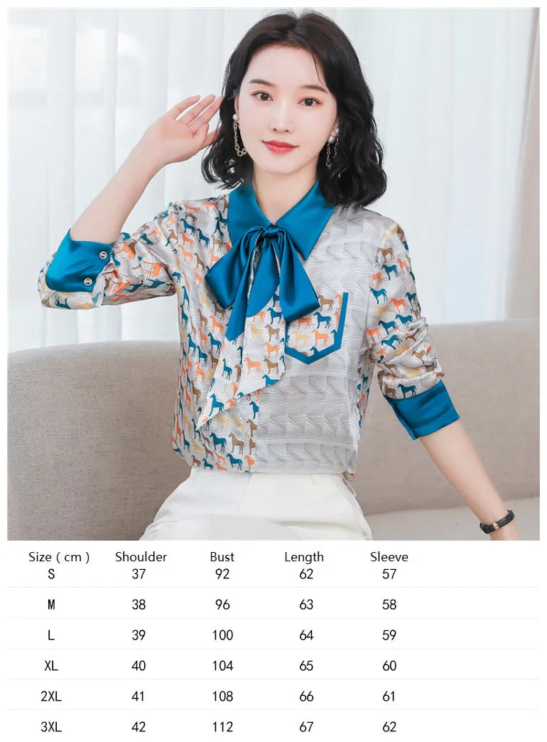 Ribbon Bow Women Silk Print Shirt Polka Dot Long Sleeve Button Up Blouses Office Ladies Casual Shirts Spring Autumn Designer Blouse Fine Elegant Tops Woman