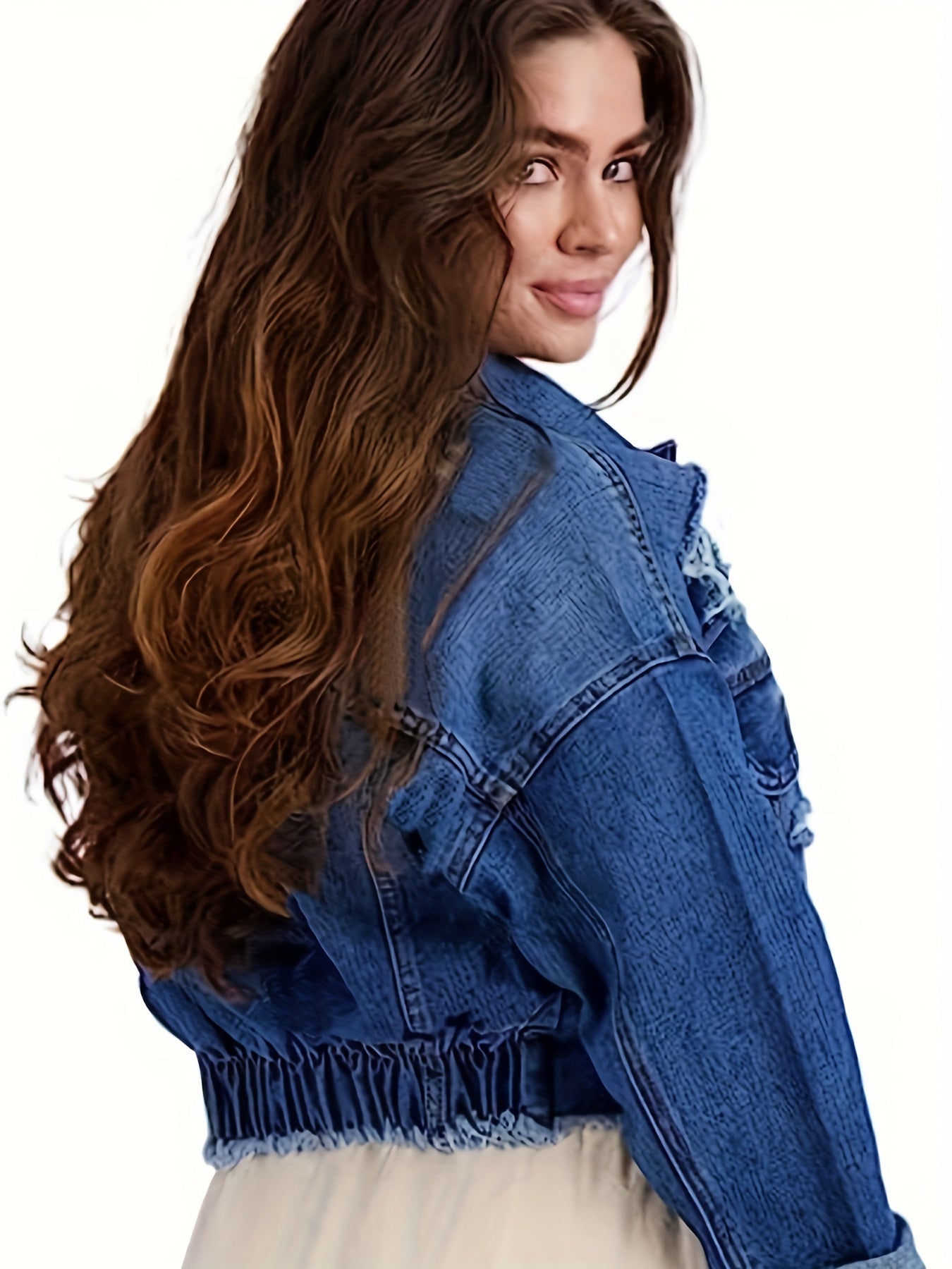 vlovelaw Ripped Holes Long Sleeves Denim Jacket, Flap Pocket Raw Hem Washed Lapel Denim Coat, Women's Denim Clothing