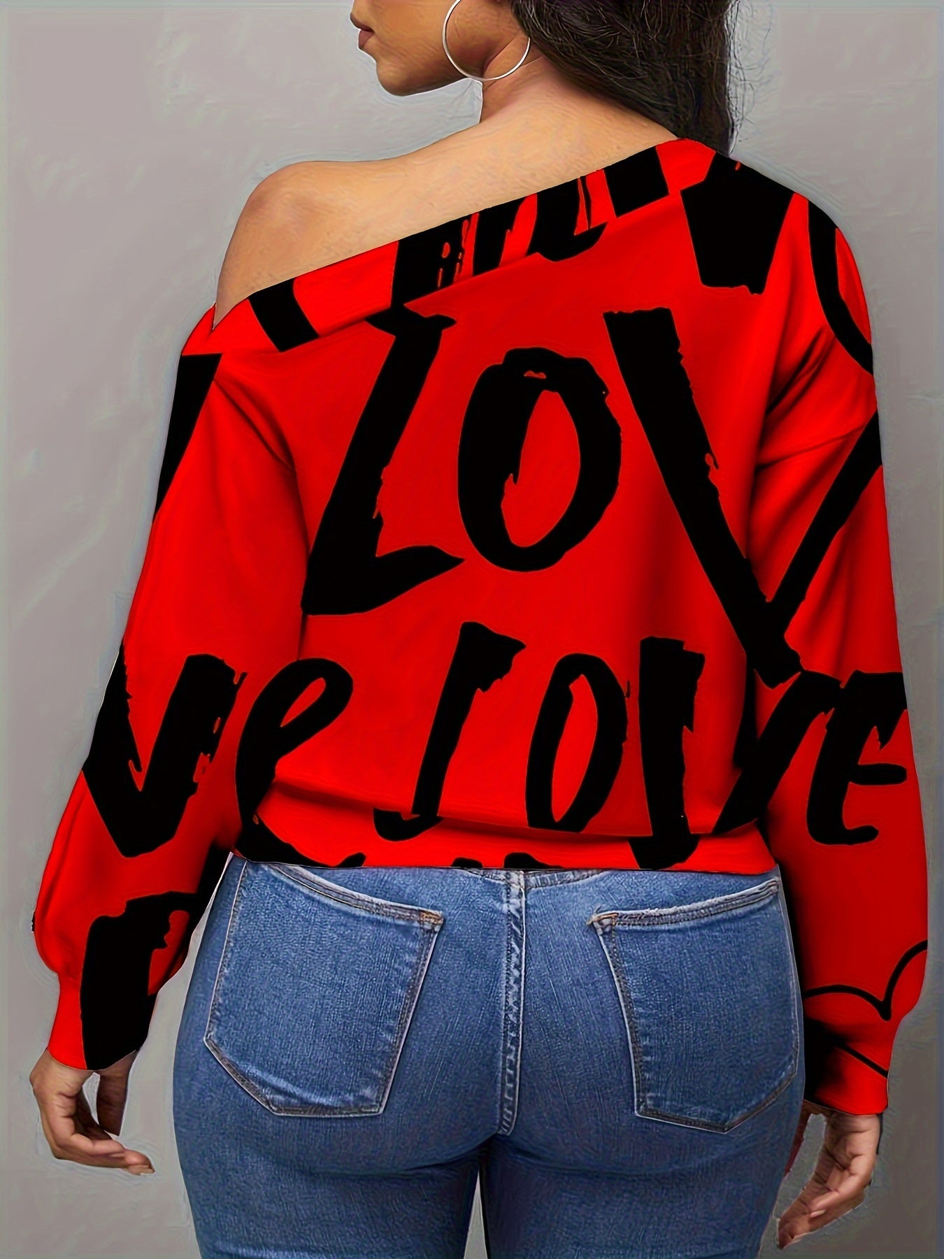 vlovelaw Letter Print Off-shoulder T-Shirt, Casual Long Sleeve T-Shirt For Spring & Fall, Women's Clothing