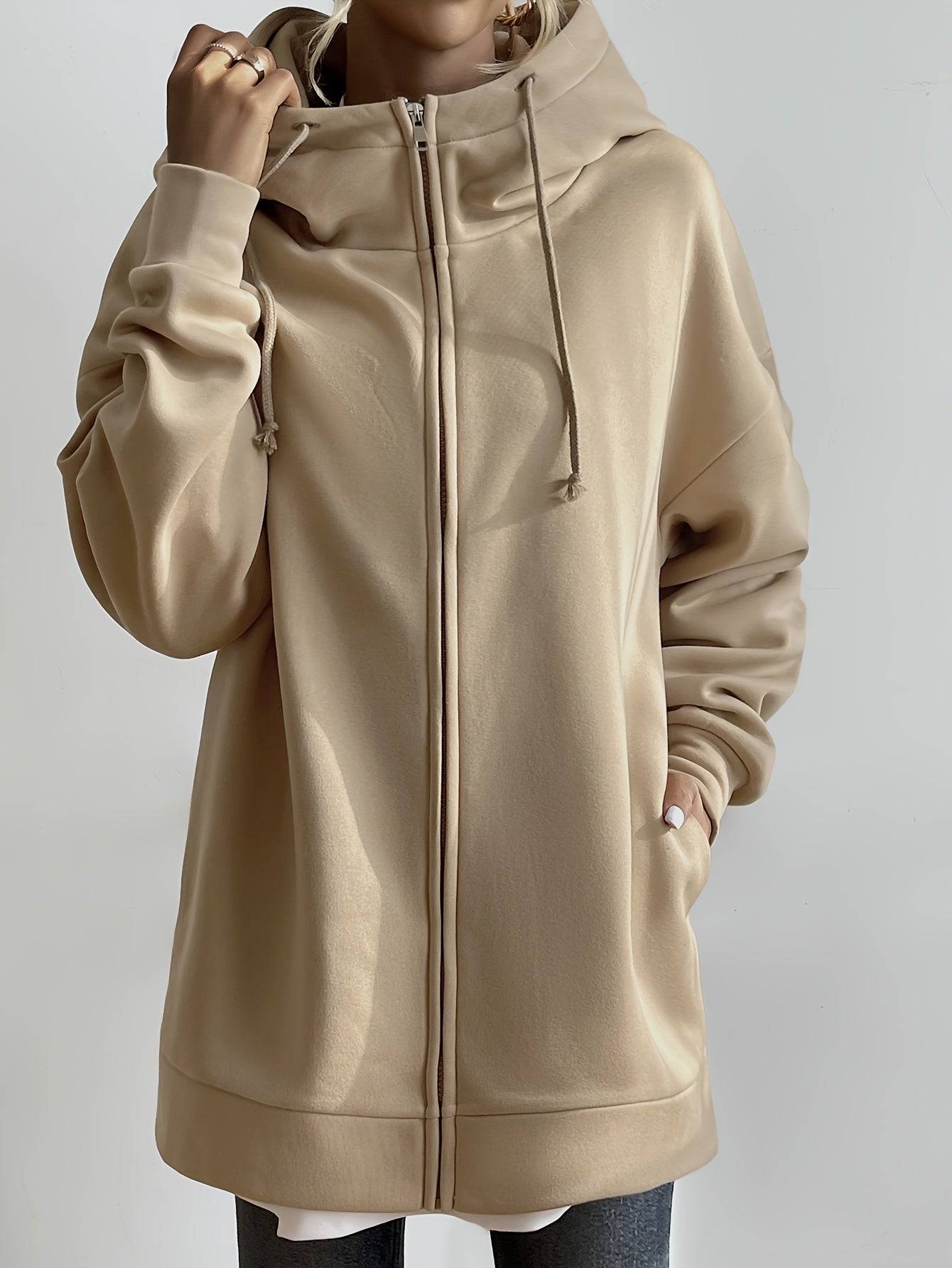 vlovelaw Solid Color Casual Sports Hooded Zipper Sweatshirs, Long Sleeve Drawstring Hoodie, Women's Sporty Sweatshirts