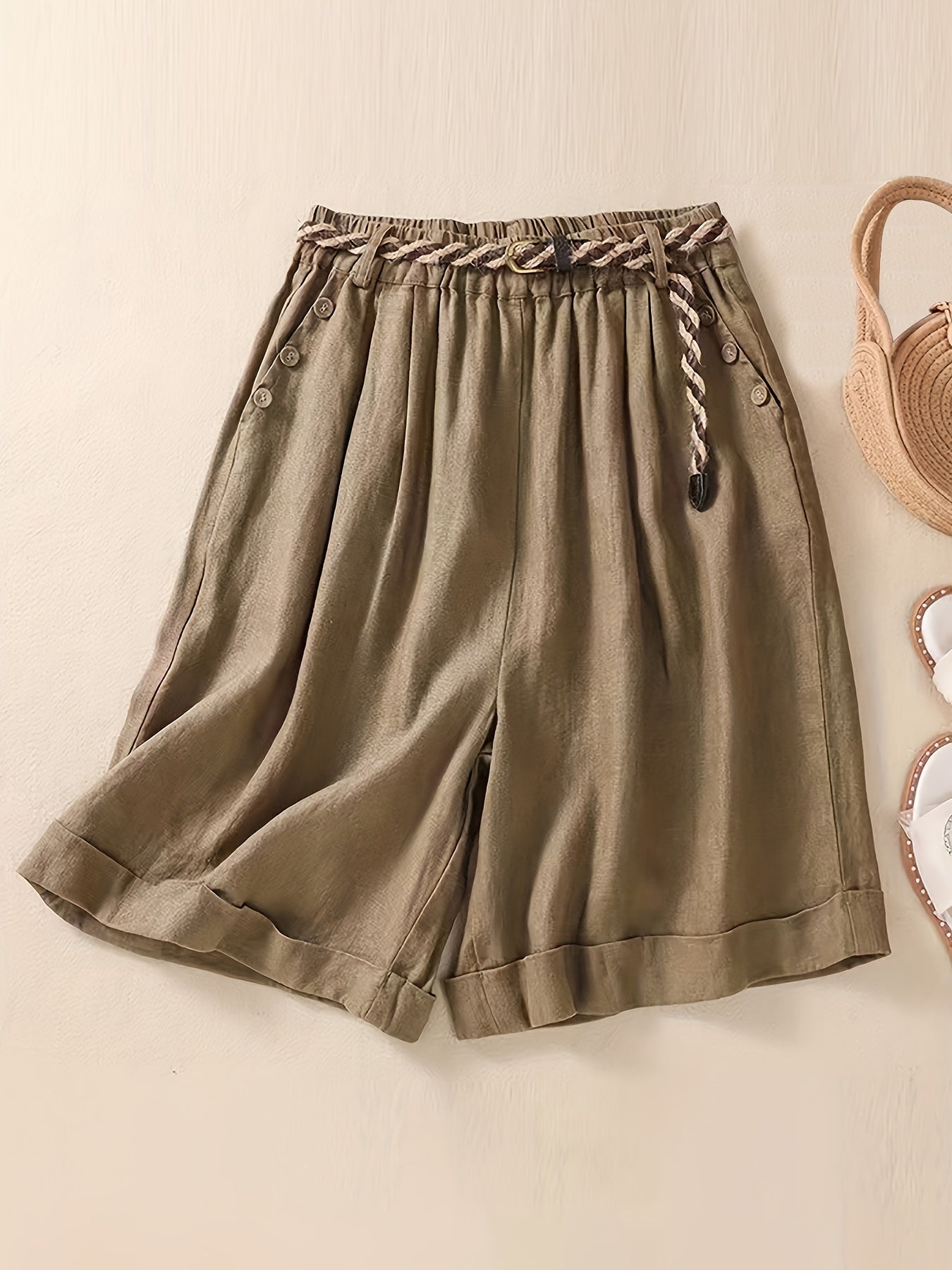 vlovelaw  Slant Pockets Belted Rolled Shorts, Casual Button Decor Loose Shorts For Spring & Summer, Women's Clothing