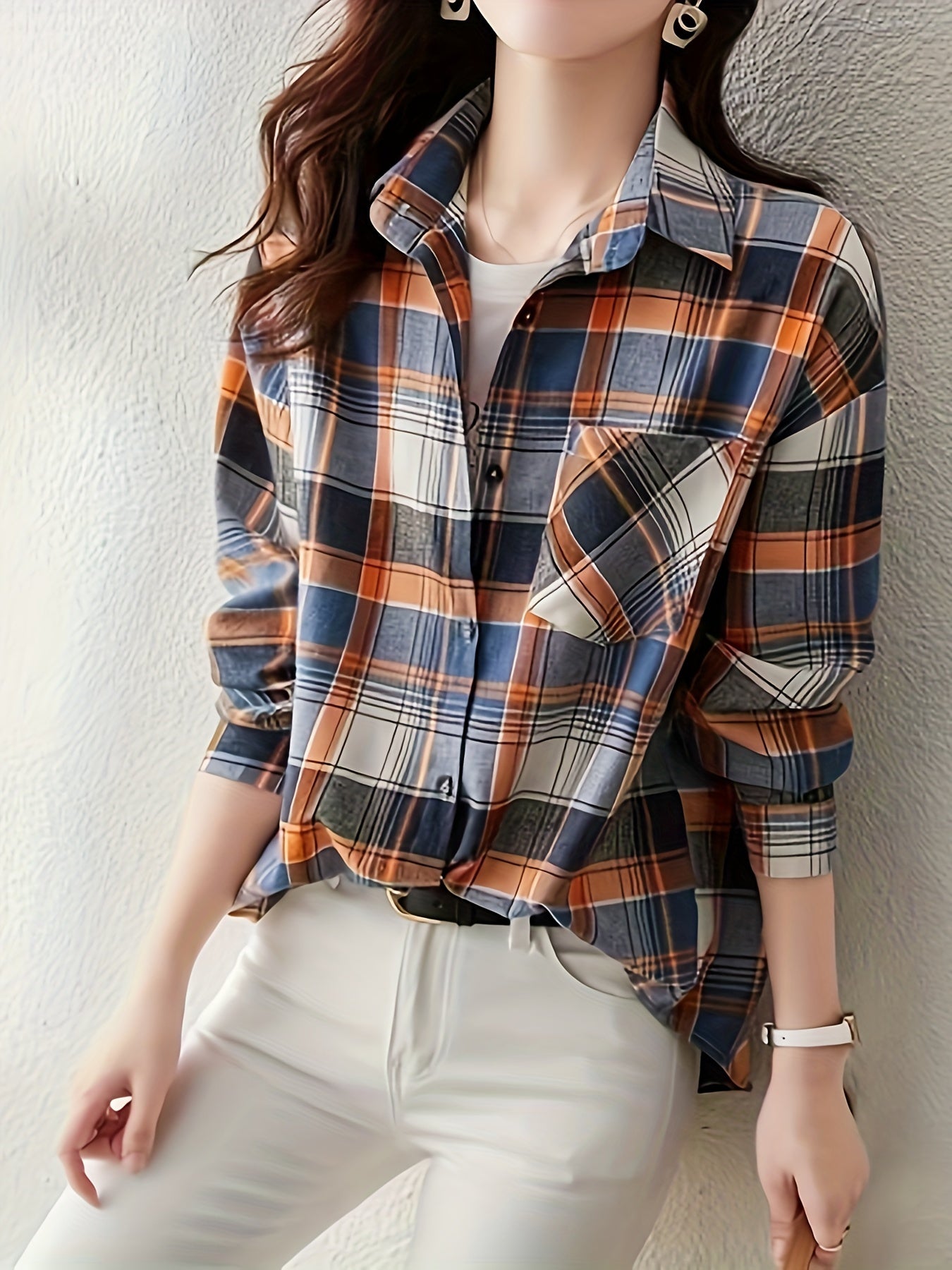 Plaid Shirt With Pocket, Long Sleeve Button Up Casual Top For Spring & Fall, Women's Clothing