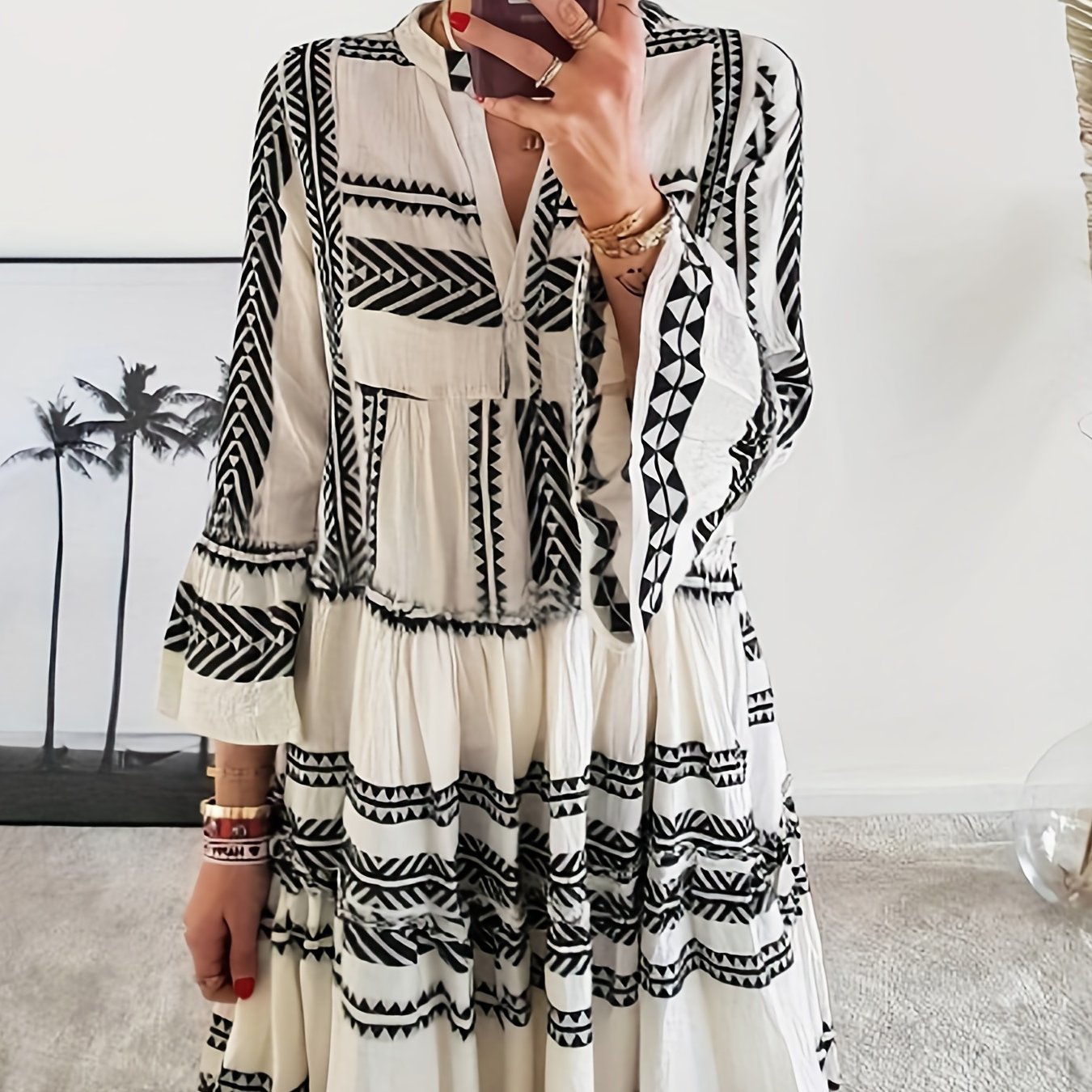 vlovelaw Tribal Print Dress, Vacation Pleated Flared Sleeve Dress, Women's Clothing