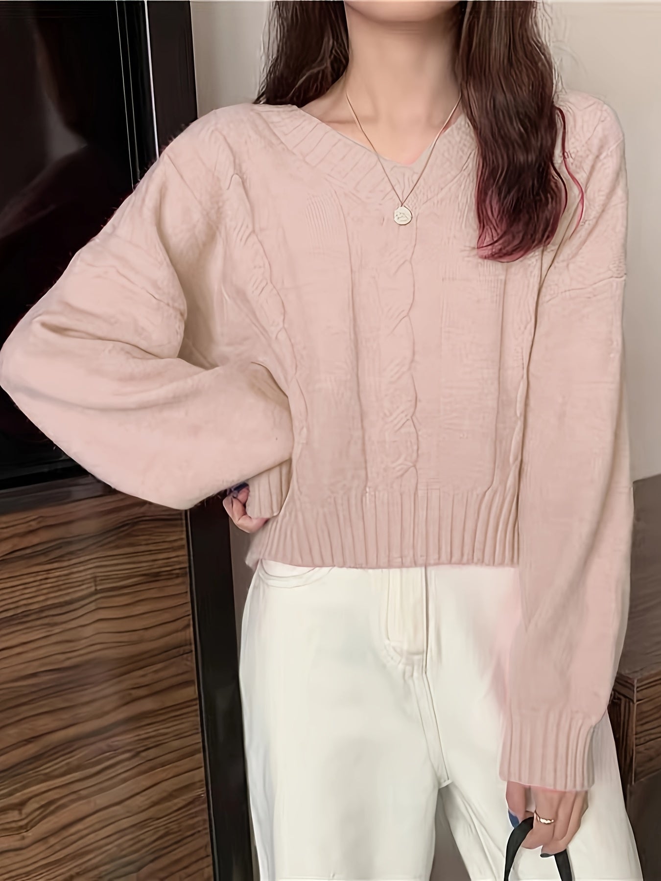 vlovelaw Solid V Neck Cable Knit Sweater, Casual Long Sleeve Pullover Sweater, Women's Clothing